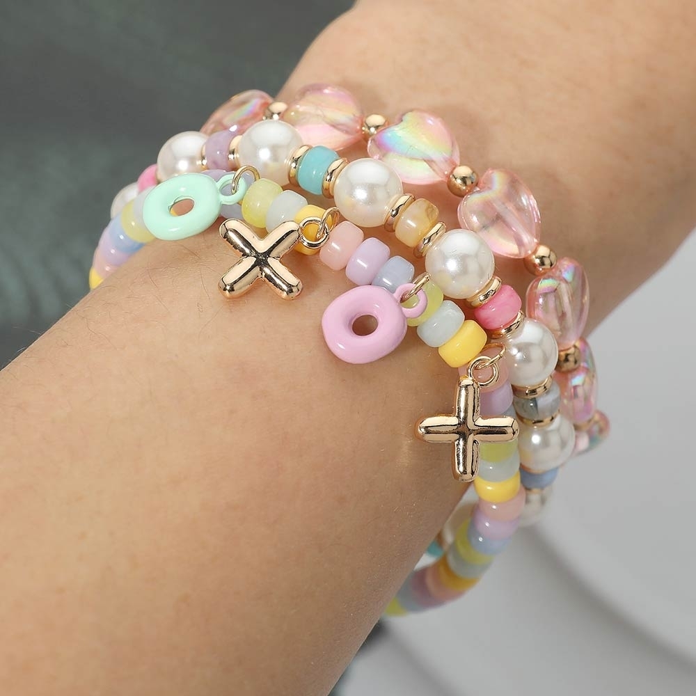 Colorful Beaded Heart X & O 3 PC Stretch Candy Charms MultiLayered Bracelets